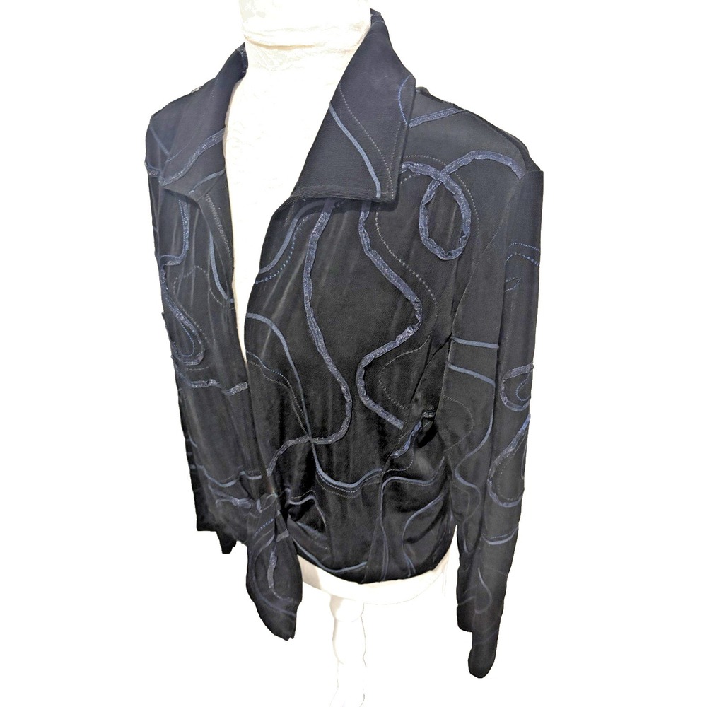 Chico's 2 Travelers Jacket ~L~Black Ribbon Embroidered Tie Front‎ Boho Resort